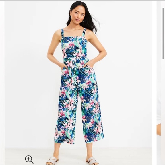 LOFT Blue and Pink Floral Jumpsuit with Wide-Leg Cropped Pants - Picture 1 of 4